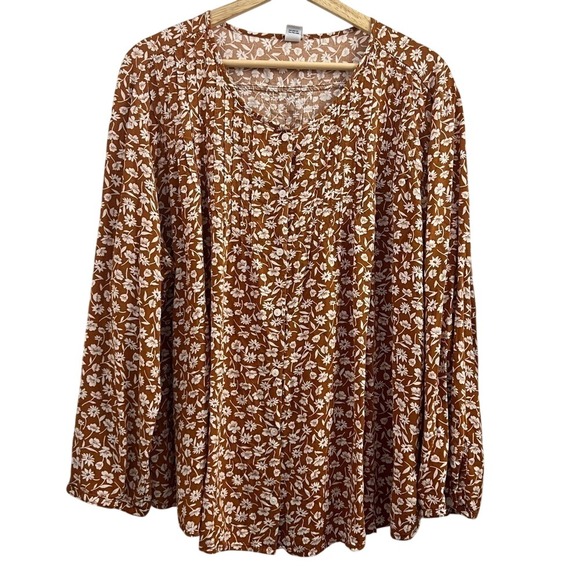Old Navy Tops - Old Navy Womens XXL Rust Brown Floral Daisy Button Down Long Sleeve Rayon Blouse